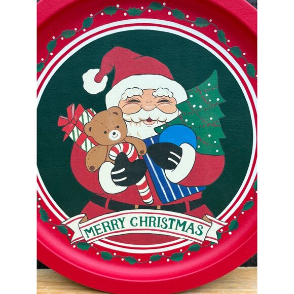 Vintage Round Metal Merry Christmas Santa Cookie Tin Serving Tray Red Taiwan - Picture 2 of 4